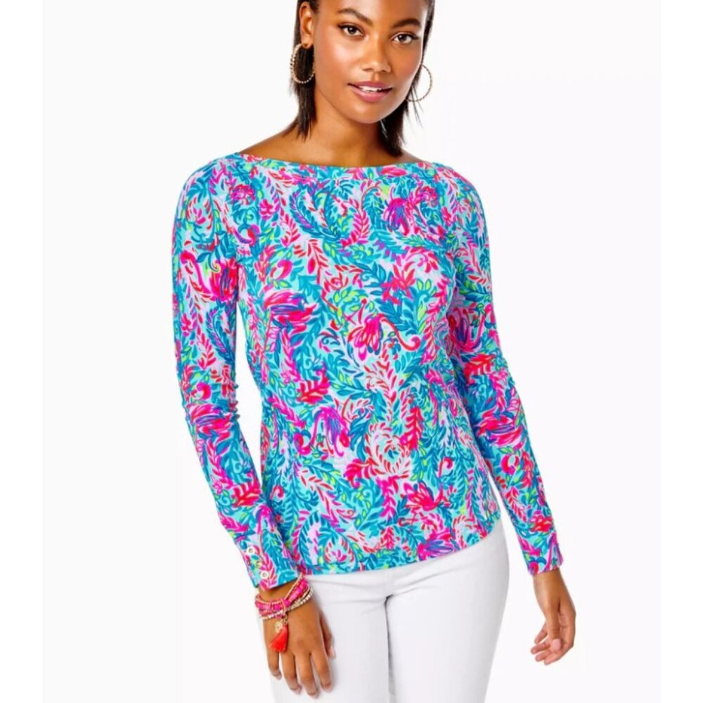 Lilly Pulitzer Long Sleeve Boatneck Tee in Blue, Pink, Green